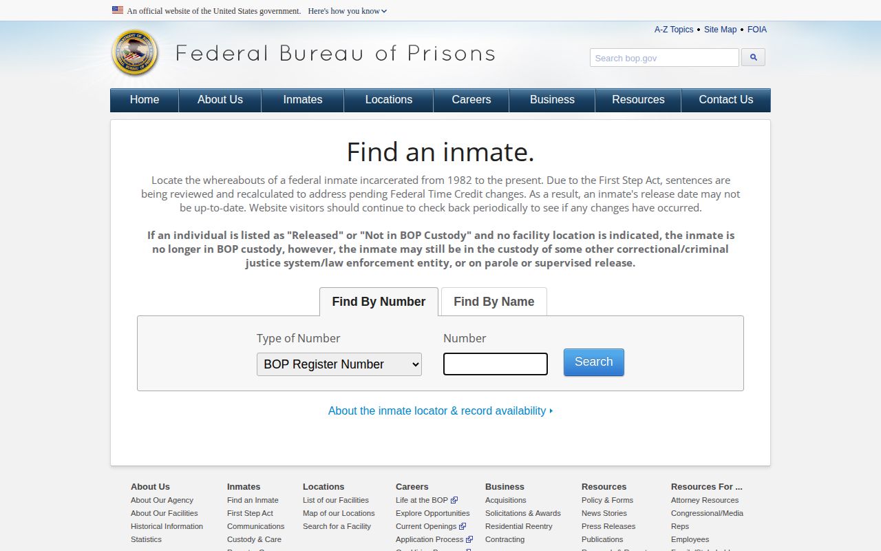 Federal Bureau of Prisons locator search and released-status result format