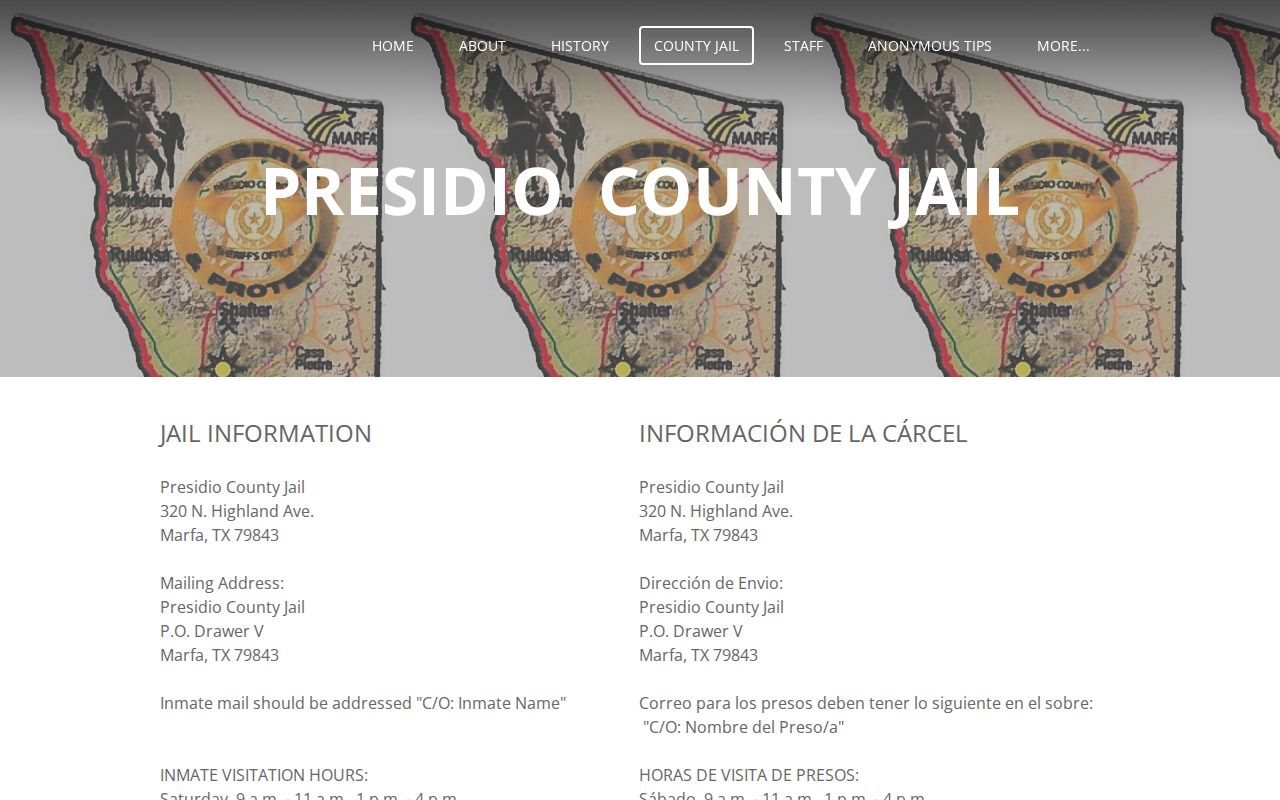 Official Presidio County Jail page used for a Jeff Davis County three-day release check